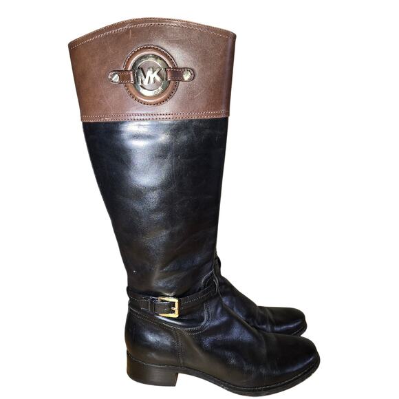 Michael Kors Womens Stockard Two Toned Riding Boots Leather Black Luggage Sz 8.5 - Picture 1 of 8